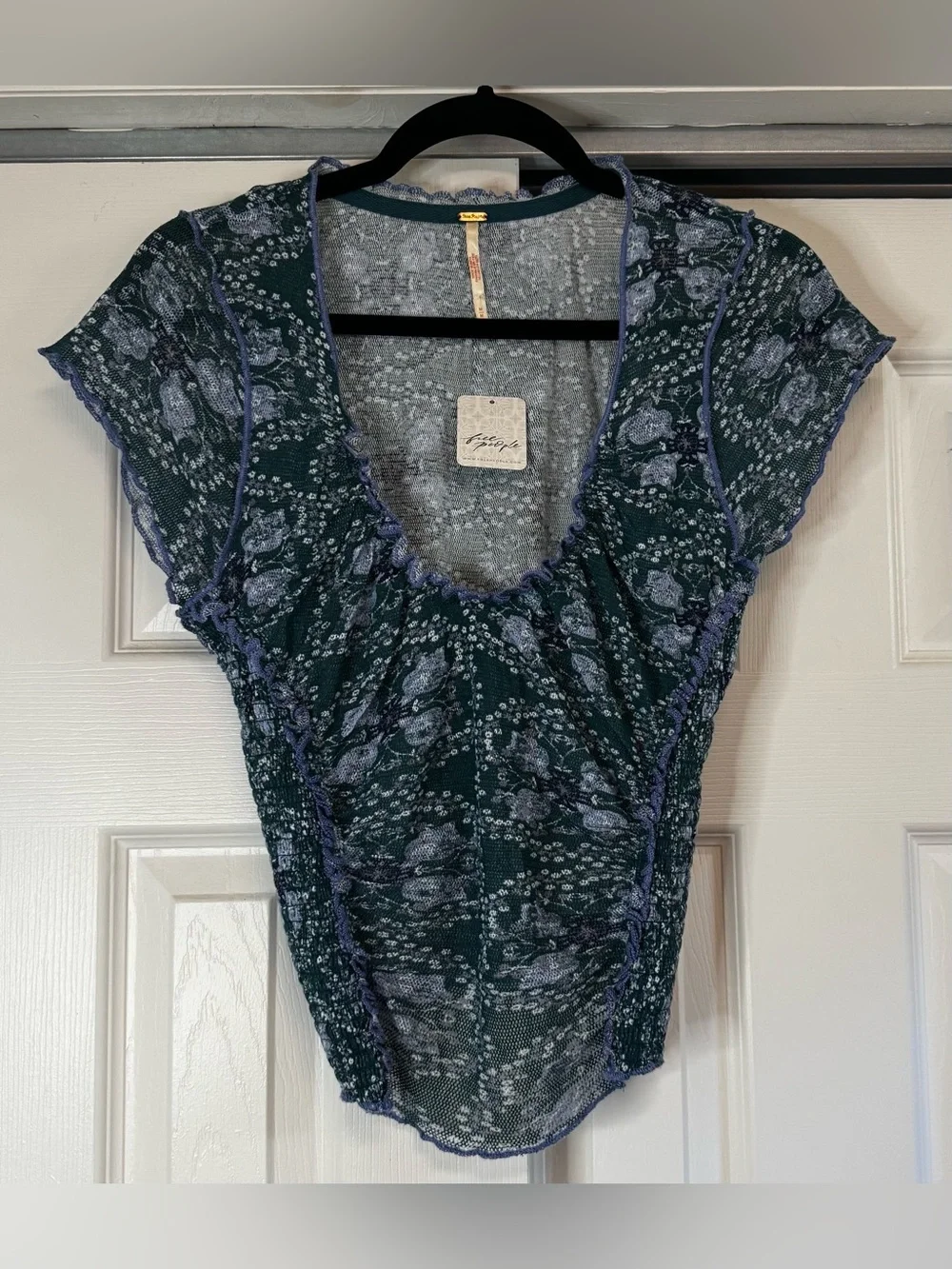 Free People Blue and Green Floral Cotton Mesh Short Sleeve Blouse - Size M NWT